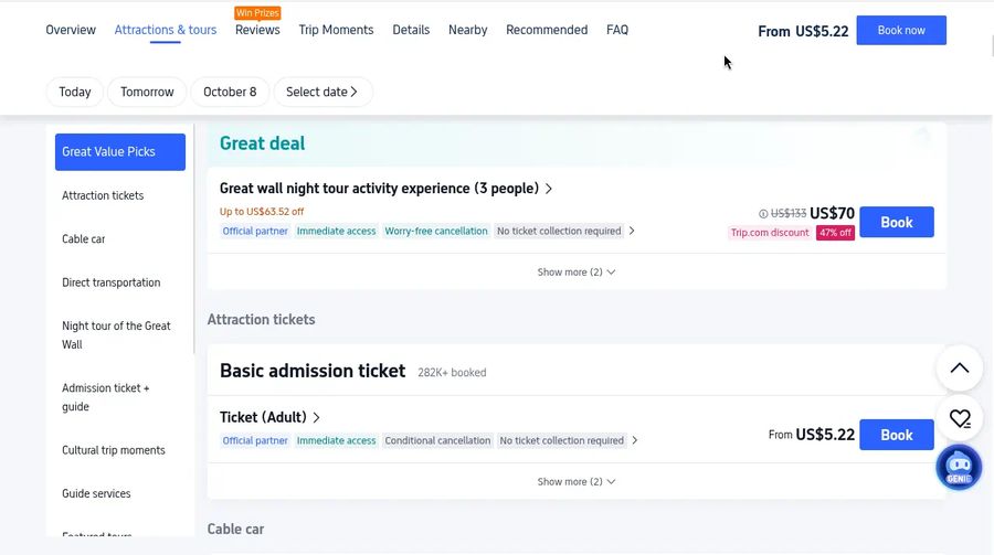 Ticket options with basic admission Ticket (Adult) from US$5.22