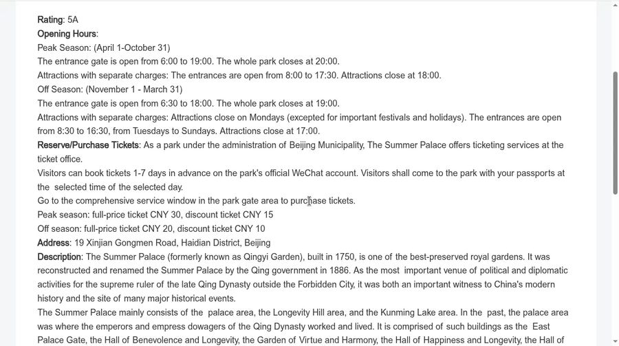 Visit Beijing Summer Palace page with hours, ticketing and prices