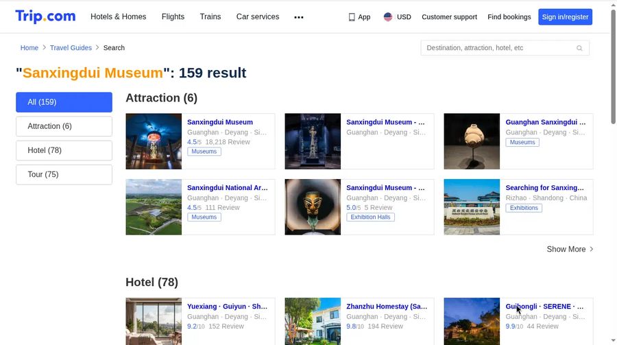 Trip.com search results for Sanxingdui Museum