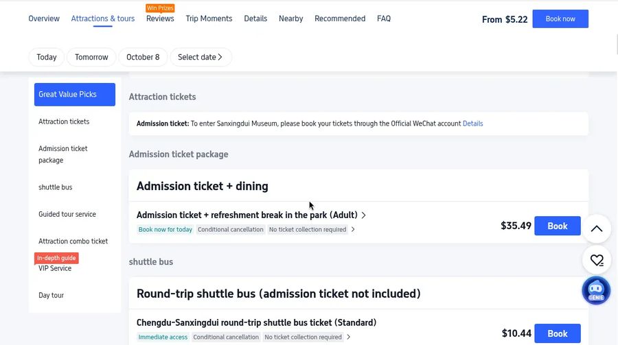 Ticket options with admission plus refreshment package