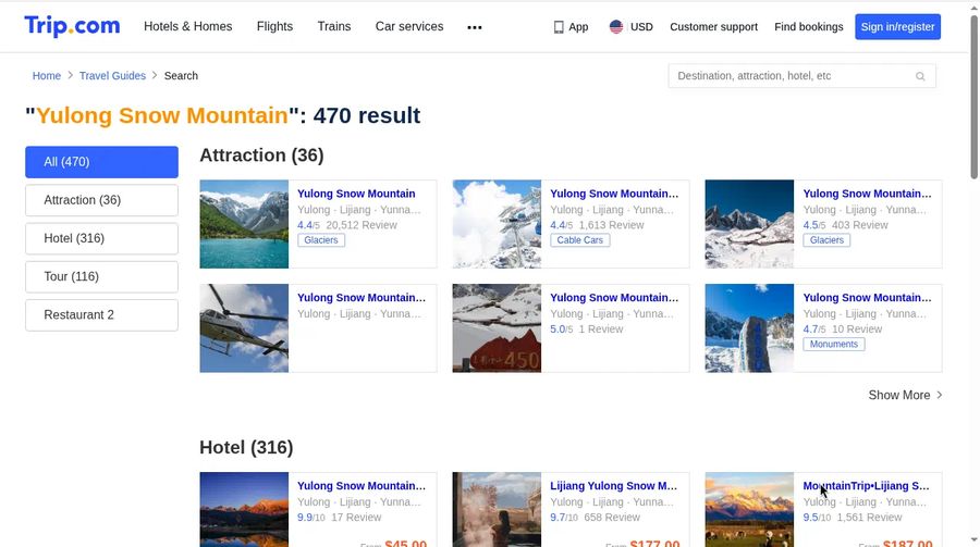 Trip.com search results for Yulong Snow Mountain