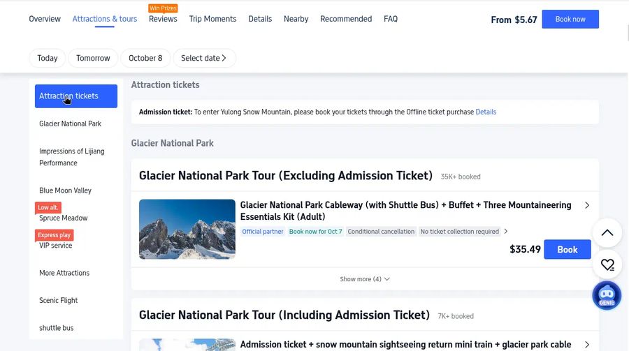 Ticket options with offline admission note and cable car products