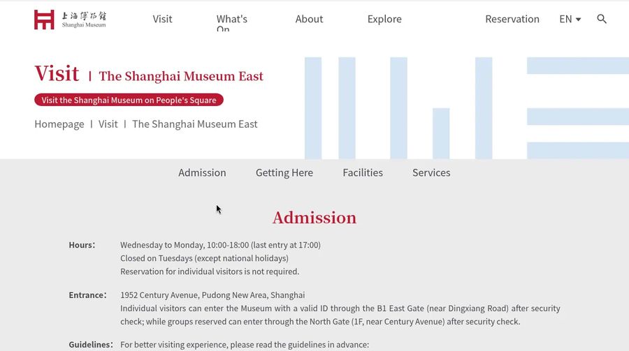 Shanghai Museum East admission info: hours, Tuesday closure, B1 East Gate