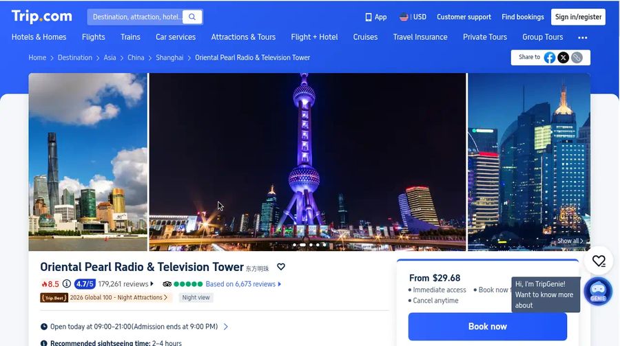 Trip.com Oriental Pearl Tower page from $29.68