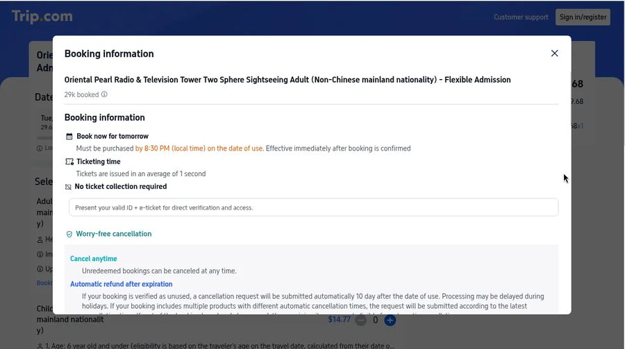 Booking information pop-up with cut-off time and cancellation rules