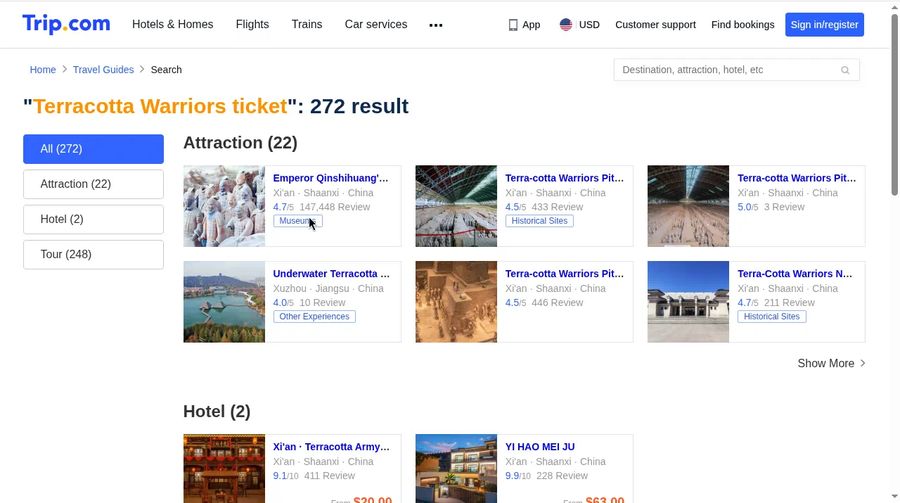 Trip.com search results with the museum as first attraction card