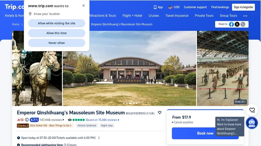 Trip.com attraction page for the Terracotta Army museum