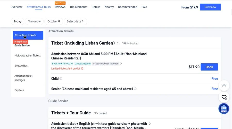 Ticket options list with Adult non-mainland ticket