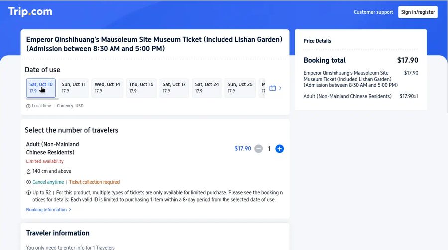 Checkout with date of use and traveler count