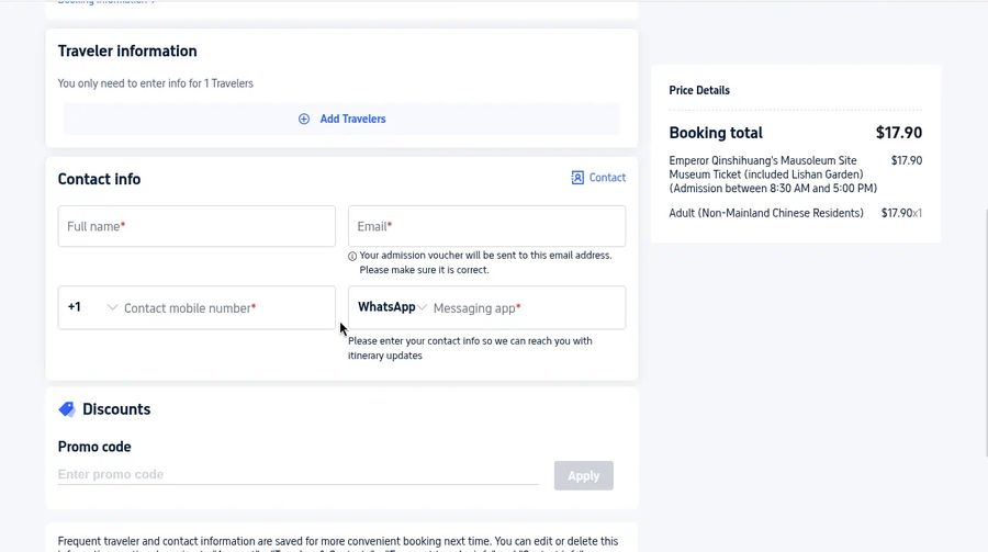 Traveler and contact info form, empty